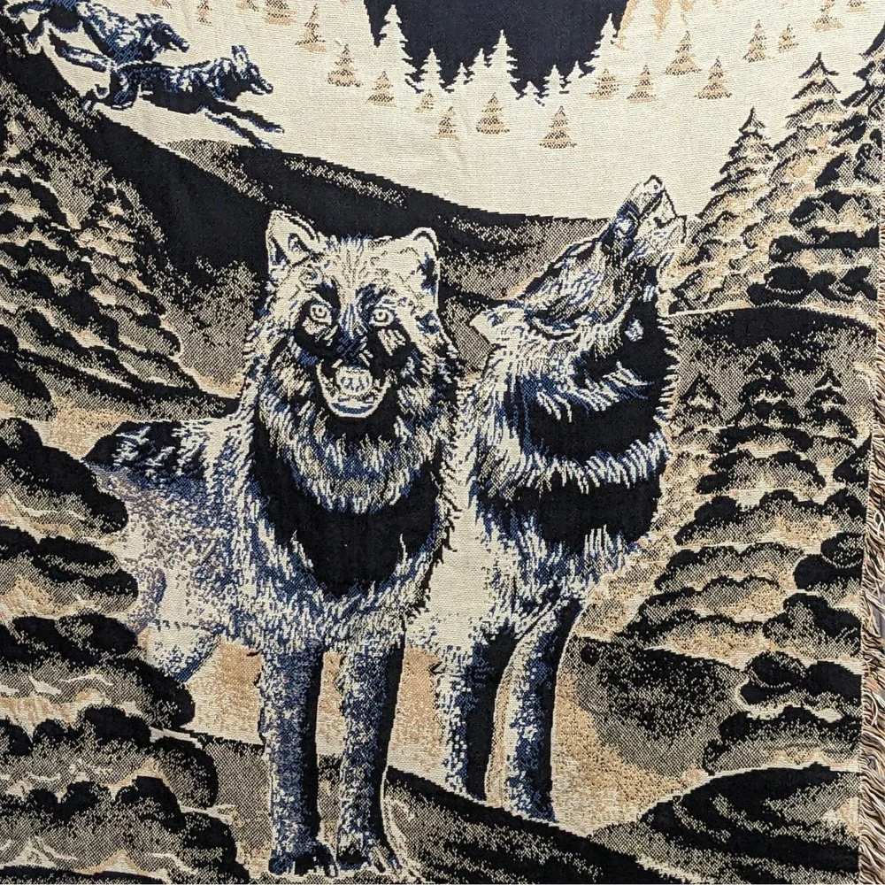 Vintage Woven Wolf Tapestry Throw Blanket Howling Moon Wilderness Cabin Decor